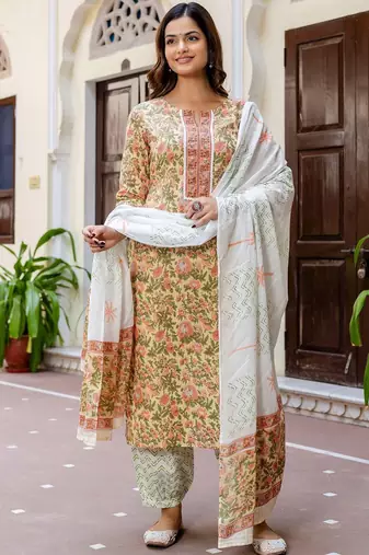 Floral Printed Notch Neck Pure Cotton Straight Kurta With Salwar & Dupatta