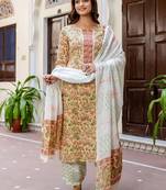 Floral Printed Notch Neck Pure Cotton Straight Kurta With Salwar & Dupatta