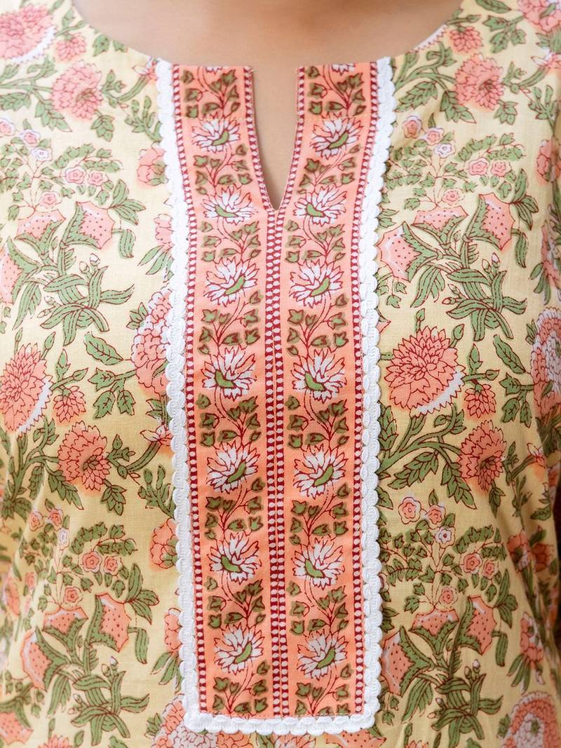 Floral Printed Notch Neck Pure Cotton Straight Kurta With Salwar & Dupatta