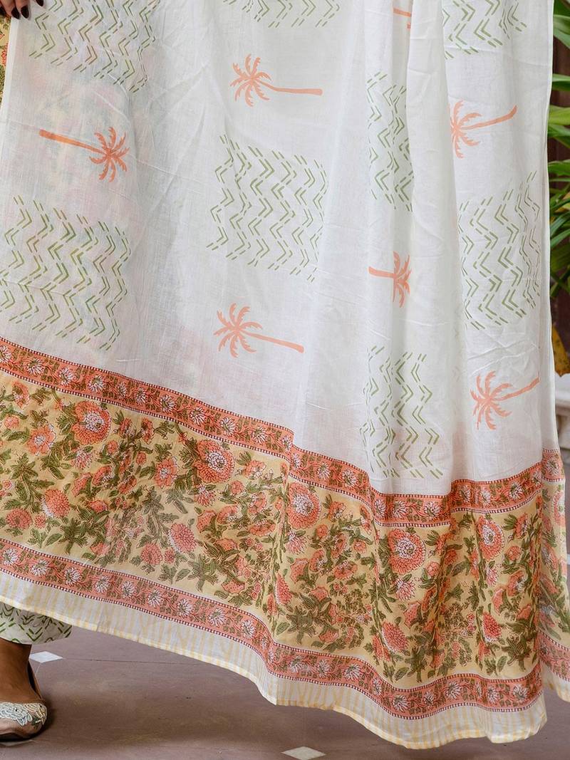 Floral Printed Notch Neck Pure Cotton Straight Kurta With Salwar & Dupatta