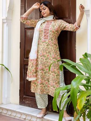 Floral Printed Notch Neck Pure Cotton Straight Kurta With Salwar & Dupatta 5