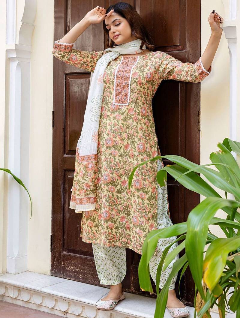 Floral Printed Notch Neck Pure Cotton Straight Kurta With Salwar & Dupatta