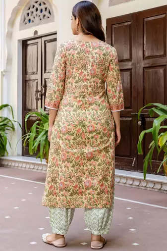 Floral Printed Notch Neck Pure Cotton Straight Kurta With Salwar & Dupatta