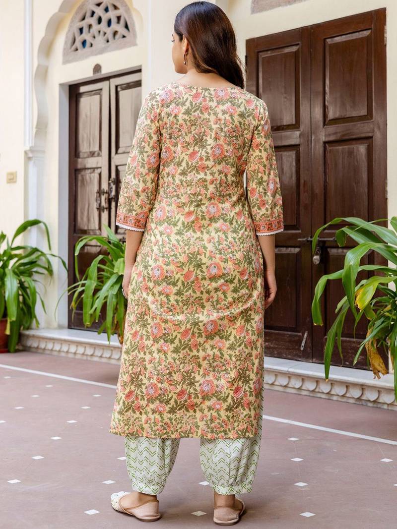 Floral Printed Notch Neck Pure Cotton Straight Kurta With Salwar & Dupatta