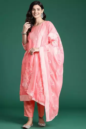 Ethnic Motifs Woven Design Kurta With Trousers & Dupatta