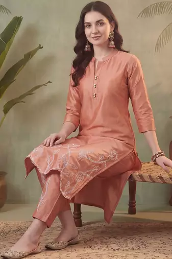 Women Floral Embroidered Regular Thread Work Pure Cotton Kurta with Trousers
