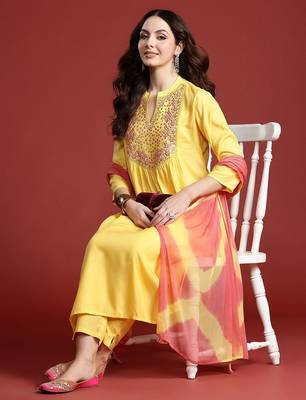 Women Embroidered Panelled Mirror Work Pure Cotton Kurta with Trousers & Dupatta 1