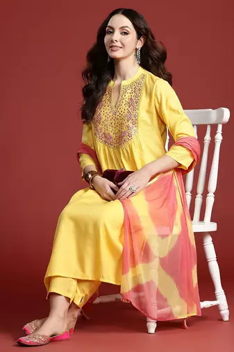 Women Embroidered Panelled Mirror Work Pure Cotton Kurta with Trousers & Dupatta