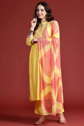 Women Embroidered Panelled Mirror Work Pure Cotton Kurta with Trousers & Dupatta