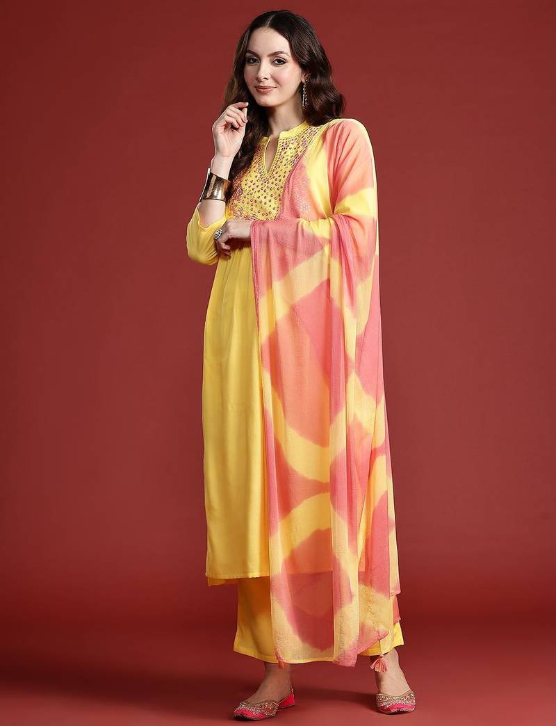 Women Embroidered Panelled Mirror Work Pure Cotton Kurta with Trousers & Dupatta