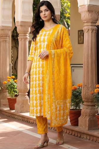 Women Ethnic Motifs Printed Regular Pure Cotton Kurta with Trousers & With Dupatta