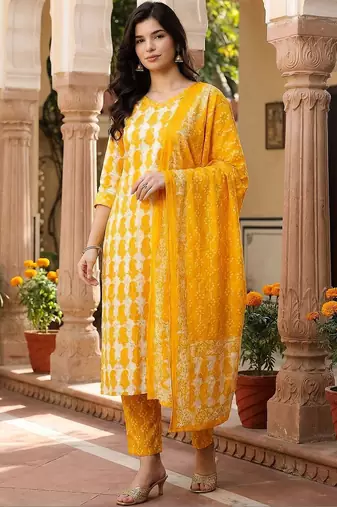Women Ethnic Motifs Printed Regular Pure Cotton Kurta with Trousers & With Dupatta