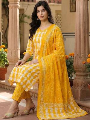 Women Ethnic Motifs Printed Regular Pure Cotton Kurta with Trousers & With Dupatta 4