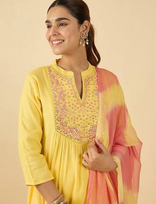 Women Embroidered Mirror Work Pure Cotton Kurta with Trousers & With Dupatta 1
