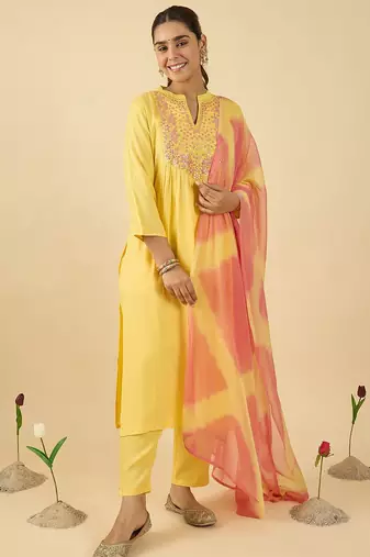 Women Embroidered Mirror Work Pure Cotton Kurta with Trousers & With Dupatta