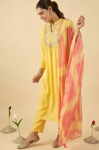 Women Embroidered Mirror Work Pure Cotton Kurta with Trousers & With Dupatta