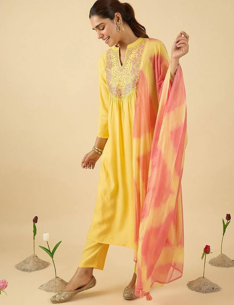 Women Embroidered Mirror Work Pure Cotton Kurta with Trousers & With Dupatta