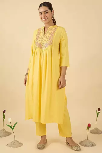 Women Embroidered Mirror Work Pure Cotton Kurta with Trousers & With Dupatta