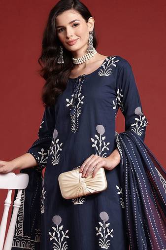 Floral Printed Sequinned  Cotton Kurta With Trousers & Dupatta