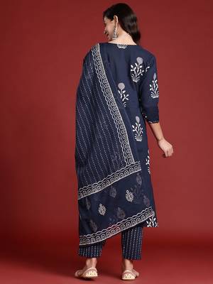 Floral Printed Sequinned Pure Cotton Kurta With Trousers & Dupatta 6