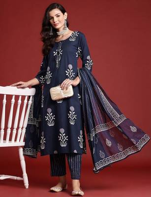 Floral Printed Sequinned Pure Cotton Kurta With Trousers & Dupatta 7