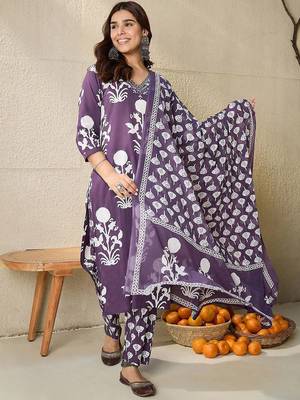 Floral Printed V-Neck Pure Cotton Straight Kurta With Trousers And Dupatta 2