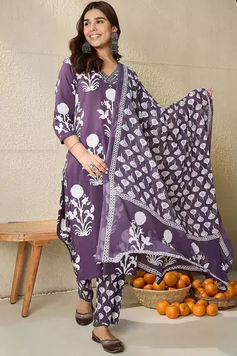Floral Printed V-Neck Pure Cotton Straight Kurta With Trousers And Dupatta