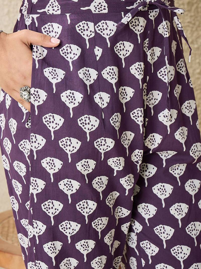 Floral Printed V-Neck Pure Cotton Straight Kurta With Trousers And Dupatta