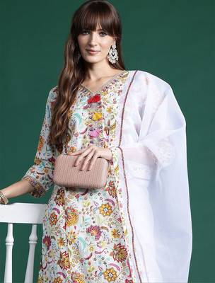 Floral Printed Sequinned Pure Cotton Kurta With Trousers & Dupatta 1