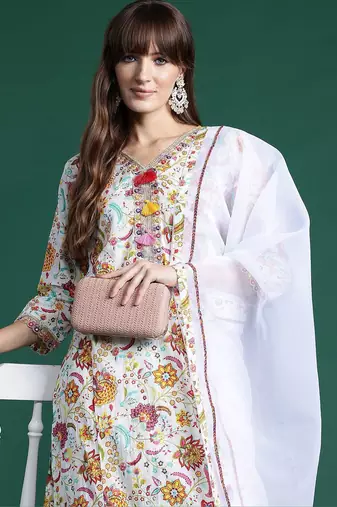 Floral Printed Sequinned Pure Cotton Kurta With Trousers & Dupatta