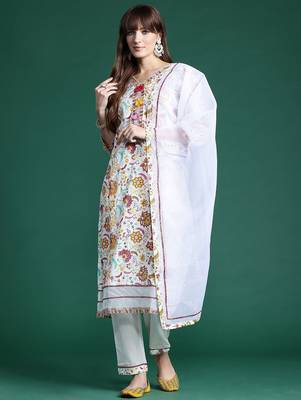 Floral Printed Sequinned Pure Cotton Kurta With Trousers & Dupatta 2