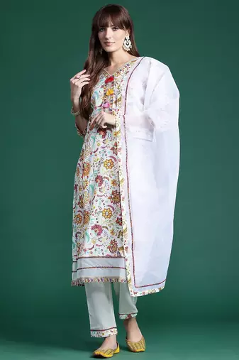 Floral Printed Sequinned Pure Cotton Kurta With Trousers & Dupatta