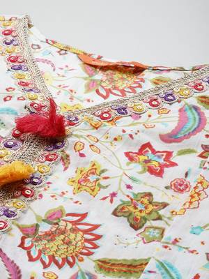 Floral Printed Sequinned Pure Cotton Kurta With Trousers & Dupatta 3
