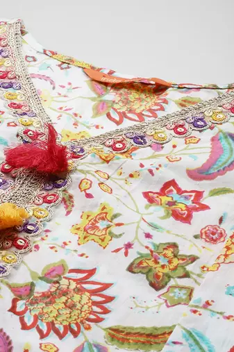 Floral Printed Sequinned Pure Cotton Kurta With Trousers & Dupatta