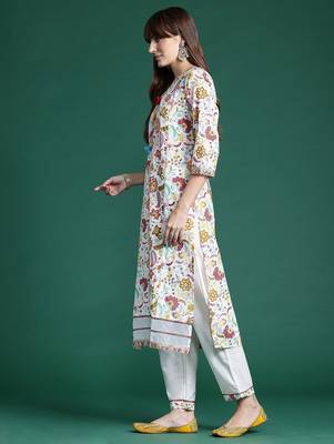 Floral Printed Sequinned Pure Cotton Kurta With Trousers & Dupatta 6
