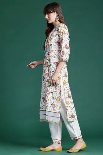 Floral Printed Sequinned Pure Cotton Kurta With Trousers & Dupatta