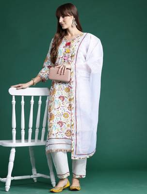 Floral Printed Sequinned Pure Cotton Kurta With Trousers & Dupatta 7