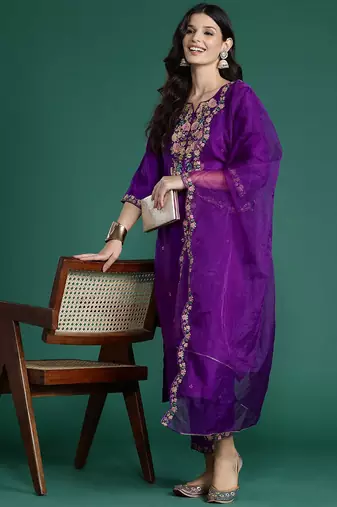 Floral Embroidered Sequinned Liva Kurta With Trousers & Dupatta