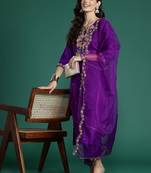 Floral Embroidered Sequinned Liva Kurta With Trousers & Dupatta