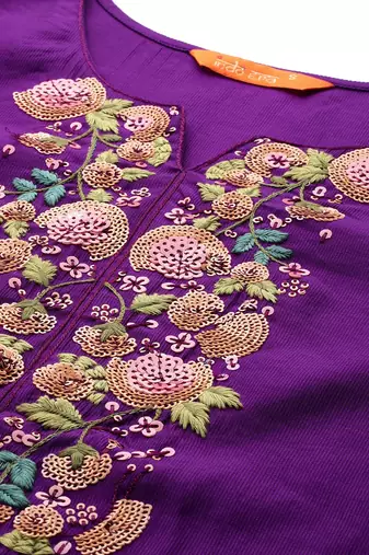 Floral Embroidered Sequinned Liva Kurta With Trousers & Dupatta