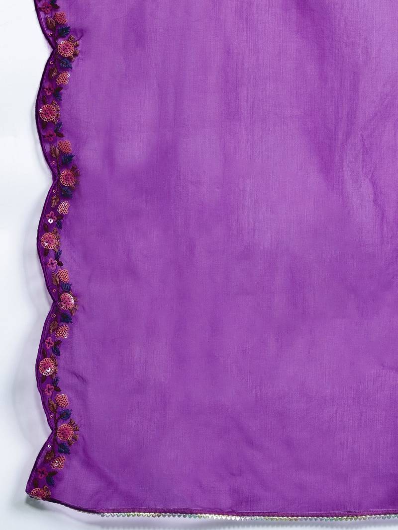 Floral Embroidered Sequinned Liva Kurta With Trousers & Dupatta