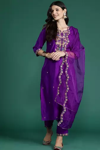 Floral Embroidered Sequinned Liva Kurta With Trousers & Dupatta