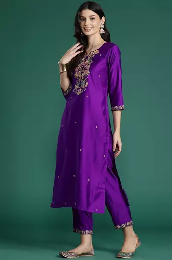 Floral Embroidered Sequinned Liva Kurta With Trousers & Dupatta
