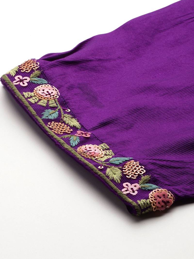 Floral Embroidered Sequinned Liva Kurta With Trousers & Dupatta