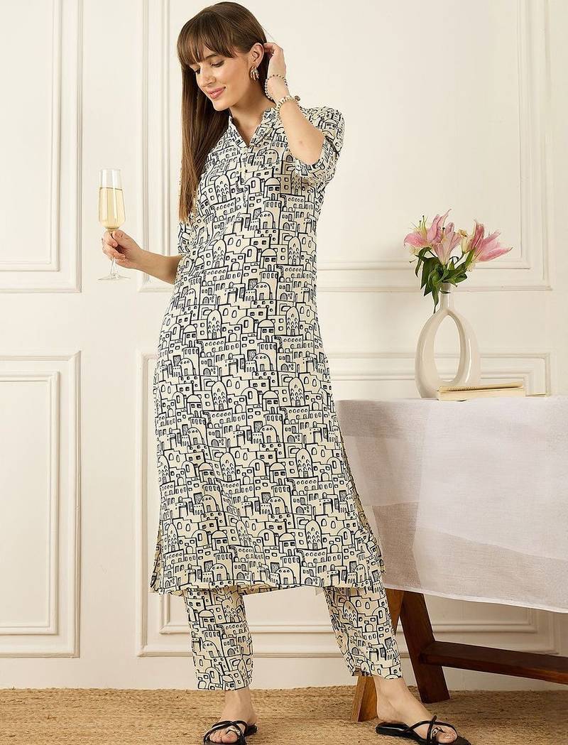Floral Printed Thread Work Pure Cotton Kurta With Palazzos