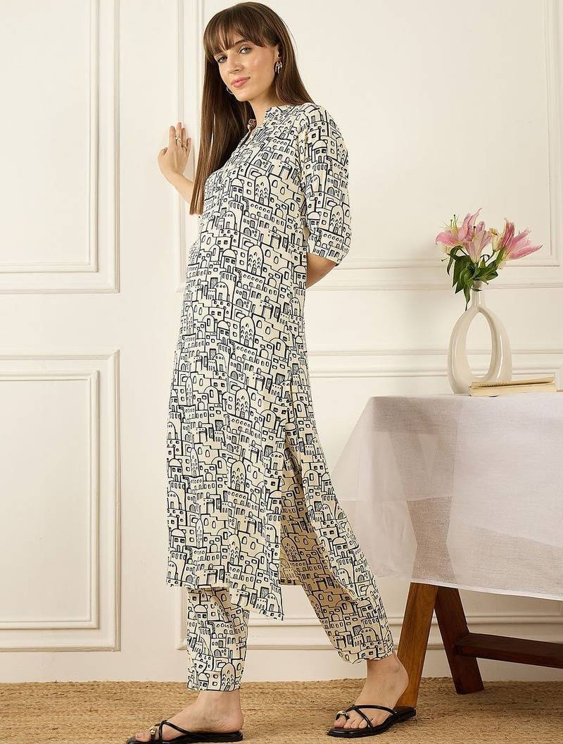 Floral Printed Thread Work Pure Cotton Kurta With Palazzos
