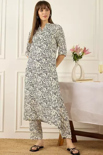 Floral Printed Thread Work Pure Cotton Kurta With Palazzos