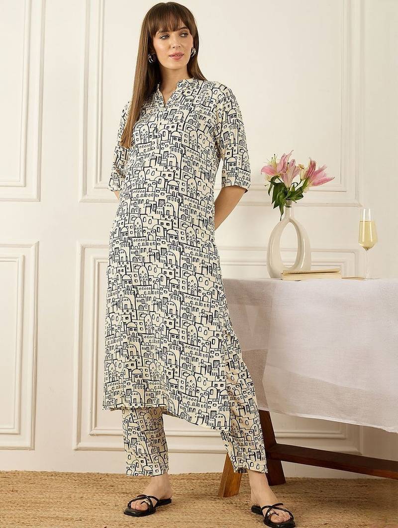 Floral Printed Thread Work Pure Cotton Kurta With Palazzos