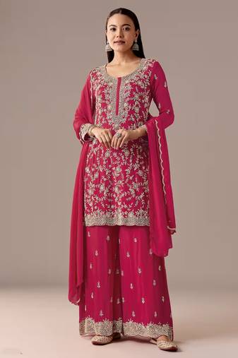 Red embroidered georgette semi-stitched palazzo style salwar suit