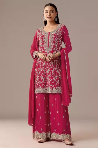 Red embroidered georgette semi-stitched palazzo style salwar suit